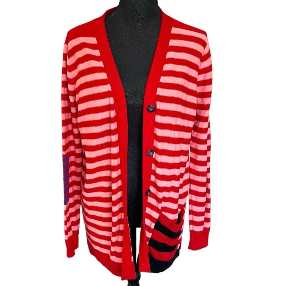 Cabi Picnic Cardigan red pink striped button front sweater Medium style 5446